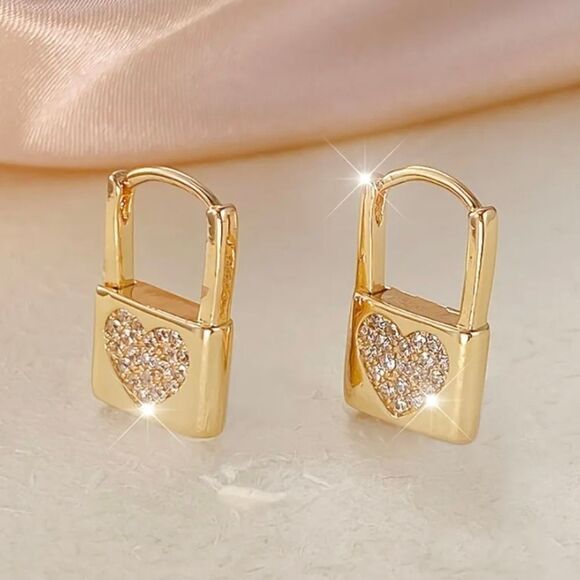 18K Gold Plated Diamond Pave Heart Pad Lock  Earrings - Picture 2 of 4